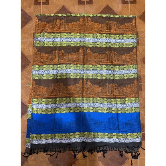 Vintage Accessories - Vintage 100% New Silk Scarf of Angkor Wat‎ Temple in Cambodia